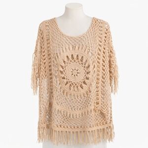 Vtg Crochet Fringe Shirt Cover Up Tan XL Cotton Beachy Coastal Boho Festival Y2K